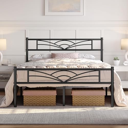 Yaheetech Queen Size Bed Frames Metal Platform Bed Mattress Foundation with Cloud-Inspired Design Headboard/Footboard/Ample Under Bed Storage/No Box Spring Needed/Black Yaheetech
