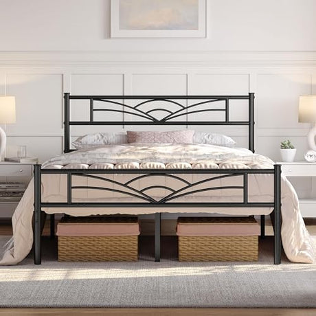 Yaheetech Queen Size Bed Frames Metal Platform Bed Mattress Foundation with Cloud-Inspired Design Headboard/Footboard/Ample Under Bed Storage/No Box Spring Needed/Black Yaheetech