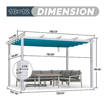 PURPLE LEAF 10' X 12' Outdoor Retractable Pergola with Sun Shade Canopy Cover White Patio Metal Shelter for Garden Porch Yard BBQ Beach Gazebo Grape Trellis Pergola, Turquoise Blue - WoodArtSupply