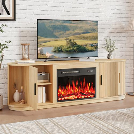 Vitesse Fluted 70 TV Stand with 23" Electric Fireplace Heater, Entertainment Center with Storage and Adjustable Shelves,Modern Media Console Table with Sliding Doors for Living Room, Bedroom (Wood VITESSE