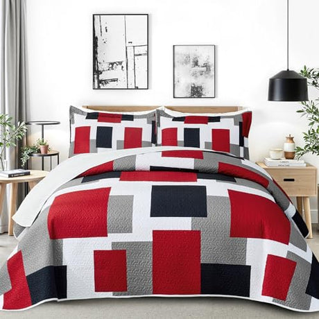 Tyrot 3 Piece Red Black Grey Quilt Set King Size Christmas Red Black Geometric Reversible Bedding Set Microfiber Lightweight Bedspread Coverlet with 2 Shams Modern Bed Cover for All Season, 106''x96'' Tyrot