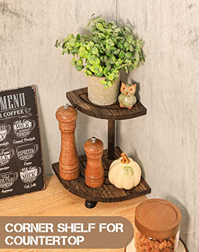 Tikea Decorative Wood Riser for Display, 2-Tier Rustic Corner Shelf for Kitchen Bathroom Counter Decor, Pedestal Stand for Soap Dispenser, Candle and Plant (Brown) Tikea