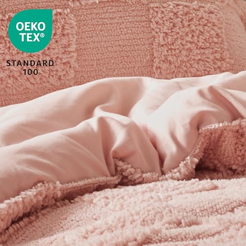 Joiedomi Tufted Full Size Comforter Set, 3 Pieces Coral Pink Boho Full Bedding Set with 1 Plaid Geometric Comforter and 2 Pillow Shams, Checkered Bed in a Bag for All Seasons Joiedomi