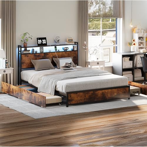 VINGLI Queen Bed Frame with 4 Storage Drawers and Headboard, Metal Platform Panel Bed with Charging Station and RGB LED Lights, No Box Spring Needed, Noise Free, Easy Assembly, Vintage Brown VINGLI