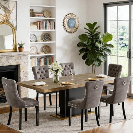 Goujxcy 78.7" Farmhouse Extendable Dining Room Table Set for 6, 7-Piece Rectangle Kitchen Dining Room Table Set with Wood Base and 6 Grey Velvet Dining Chairs, Extending Kitchen & Dining Table Set Goujxcy