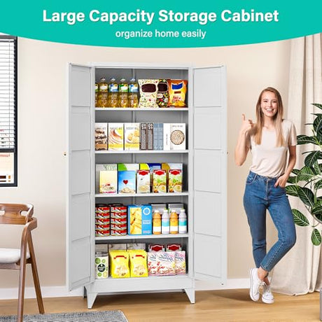 SISESOL Wide & Deep Metal Storage Cabinet with 2 Doors and 5 Shelves,72 inch Tall Pantry Storage Cabinet,Large Cupboard Closet,White Cabinets for Home,Kitchen,Bathroom,Dining/Living Room SISESOL