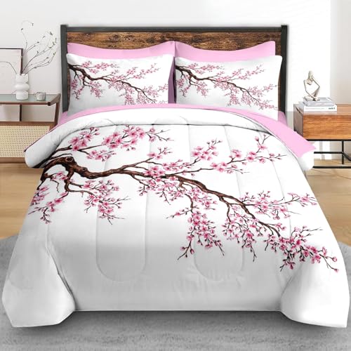 Pamnest Comforter Set King Size, Japanese Cherry Blossom 7 Pcs Bedding for Kids and Adults, Flower Painting Pink Bed Sheet Sets with Fitted Sheet 2 Pillowcase & 2 Sham for Bedroom Bed Decor Pamnest