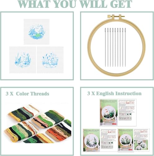 GLTAYLMY Fish Embroidery Kit for Beginners Adults,3 Set Cross Stitch Kits with 1 Plastic Embroidery Hoops,Needles and Color Threads,Needlepoint Kit for Hand Embroidery Starter