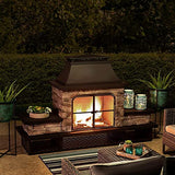 Sunjoy Outdoor Fireplace, Patio Wood Burning Fireplace with Steel Chimney, Mesh Spark Screen Doors, Fire Poker, and Removable Grate, Black Sunjoy