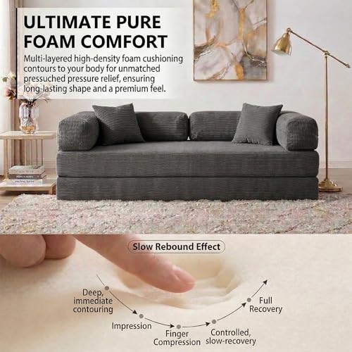 NAYA 79" Convertible Sofa Bed, 4-in-1 Corduroy Boneless Futon Couch, Folding Sleeper Sofa, No Assembly Floor Couch for Living Room, Bedroom, Apartment, Grey NAYA