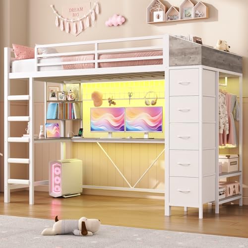 Loft Bed with L-Shaped Desk, LED Lights, Charging Station, Metal Loft Bed Frame with 5 Storage Drawers and Hall Tree, Twin Size Bed for Kids with Ladder and Safety Guard, No Box Spring Needed, White MSmask