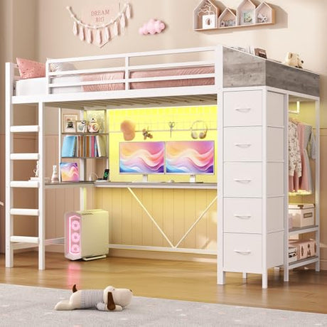 Loft Bed with L-Shaped Desk, LED Lights, Charging Station, Metal Loft Bed Frame with 5 Storage Drawers and Hall Tree, Twin Size Bed for Kids with Ladder and Safety Guard, No Box Spring Needed, White MSmask