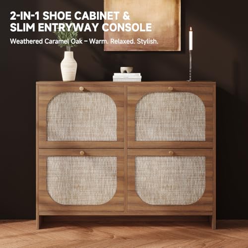 Nicetree Freestanding Ultra Slim Arched Rattan Accent Shoe Storage Cabinet for Entryway - 4 Flip Drawers & 3-Tier Adjustable Shelves, Farmhouse Modern Rustic Shoe Rack for Hallway, Foyer Oak Nicetree