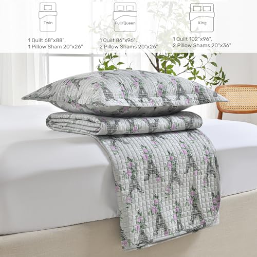 HollyHOME Eiffel Tower 2 Pieces Twin Size Quilt Sets with Pink Floral on Gray Design Bedspread Bed Cover, Includes 1 Quilt, 1 Pillow Sham (Twin, 68"x88") HollyHOME