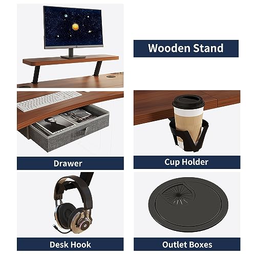 HEONAM Dual Motor Standing Desk with Drawer, 63x30 Inches Electric Height Adjustable Sit Stand Up Desk with Storage Shelf, Home Office Desk Computer Workstation with Walnut Top/Black Frame HEONAM