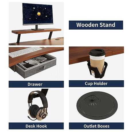 HEONAM Dual Motor Standing Desk with Drawer, 63x30 Inches Electric Height Adjustable Sit Stand Up Desk with Storage Shelf, Home Office Desk Computer Workstation with Walnut Top/Black Frame HEONAM