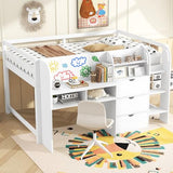 Merax Full Size Low Loft Bed with Built-in Desk,Storage Cabinets and Open Bookcase,Whiteboard for Graffiti,White Merax