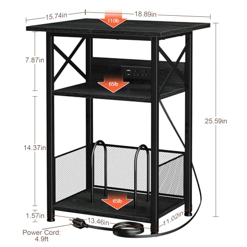 AMHANCIBLE Record Player Stand with Charging Station, Large Turntable Stand with Storage Cabinet, 3 Tier End Table Hold Up to 100 Albums, Record Stand for Vinyl, Living Room, Black, HETCD012BK-1 AMHANCIBLE
