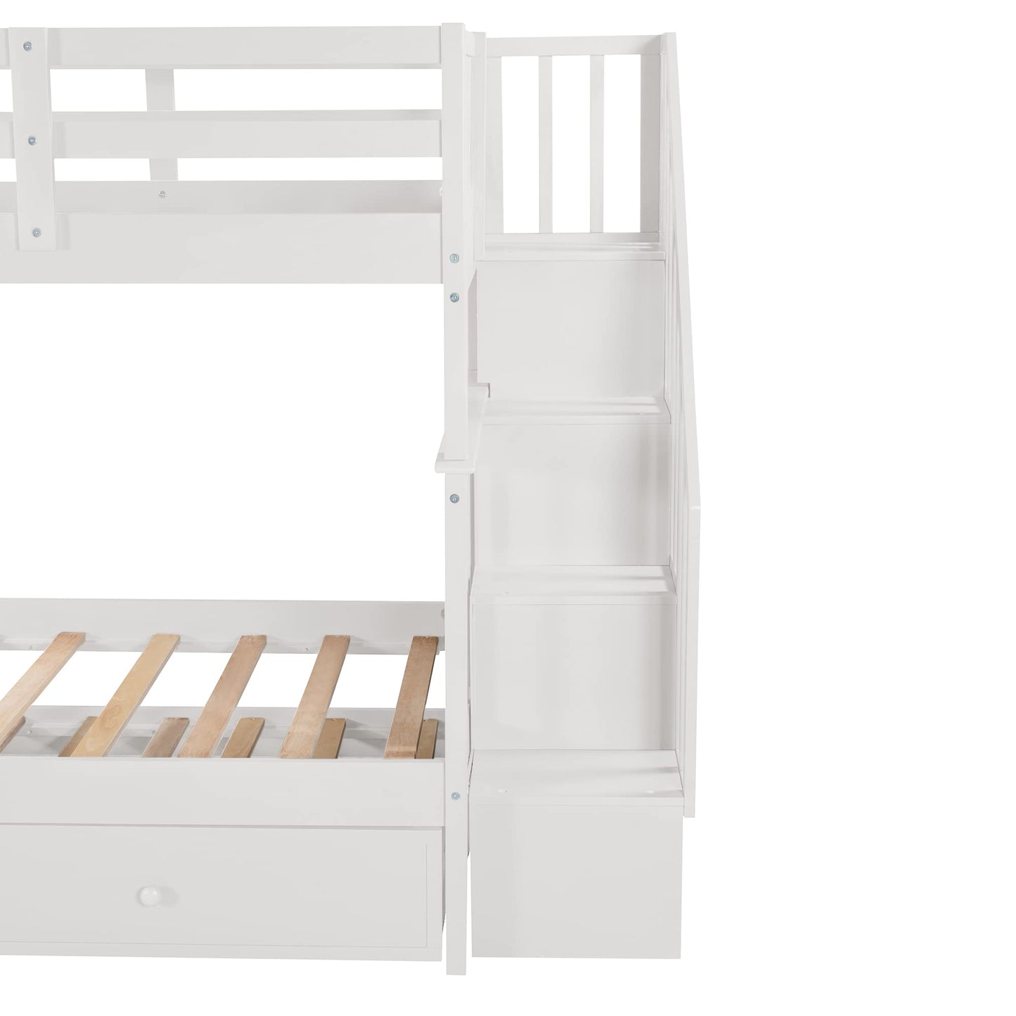 Harper & Bright Designs Twin Over Twin Bunk Bed with Stairs and Trundle, Solid Wood Stairway Bunk Bed Frame with Storage, for Kids Teens Adults – White