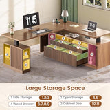 SEDETA L Shaped Electric Standing Desk, 69" x 55"Height Adjustable Office Executive Desk with 4 Drawers and Storage Shelves, Fluted Sit Stand Computer Desk with Power Outlet for Home Office (Brown) SEDETA