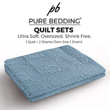 Pure Bedding Quilt Set Full/Queen Size Ash Blue - Oversized Bedspread - Soft Microfiber Lightweight Coverlet for All Season - 3 Piece Includes 1 Quilt and 2 Shams, Geometric Pattern Pure Bedding