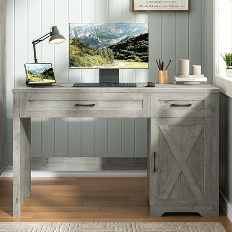 Vabches Farmhouse 51" Executive Desk,Computer Desk with Drawers and Storage Cabinet, Workspace for Home Office and Study.Grey Vabches