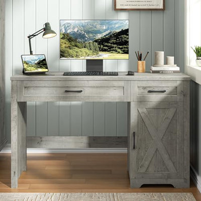 Vabches Farmhouse 51" Executive Desk,Computer Desk with Drawers and Storage Cabinet, Workspace for Home Office and Study.Grey