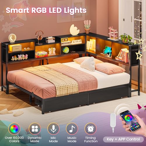 Hasuit Corner Bed Frame Full with 2 Drawers and Storage Bookcase, Daybed with Charging Station and LED Lights, Metal Platform Bed with Bookshleves, Full Size Bed Frame for Kids Teens Guests, Black Hasuit