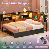 Hasuit Corner Bed Frame Full with 2 Drawers and Storage Bookcase, Daybed with Charging Station and LED Lights, Metal Platform Bed with Bookshleves, Full Size Bed Frame for Kids Teens Guests, Black Hasuit