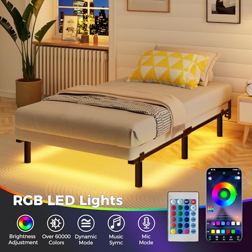 Awesofurni Twin Bed Frame with Smart LED Lights, 7 Inch Basics Metal Bed Frame, Heavy Duty 9-Leg Base for Box Spring and Mattress, Noise-Free, Easy Assembly, Black Awesofurni