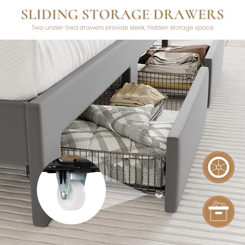 SHA CERLIN Velvet Queen Bed Frame with Vertical Channel Tufted Wingback Headboard & 2 Storage Drawers/2-Tier Shelves with LED Lights & Charging Station/Noise-Free/No Box Spring Needed/Light Grey SHA CERLIN