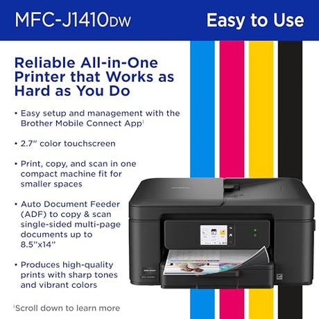 Brother Work Smart 1410 Wireless Color Inkjet All-in-One Printer with 2.7” Touchscreen and Automatic Duplex Printing | Includes Refresh Subscription Trial(1) (MFC-J1410DW) Brother