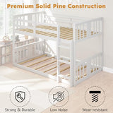 Zevemomo Wooden Low Bunk Bed Twin Over Twin, Solid Pine Bed Frame with Built-in Ladder, Convertible Bed Frame That Separates into 2 Twin Beds, Floor Bunk Bed for Small Spaces, Bedroom, White Zevemomo