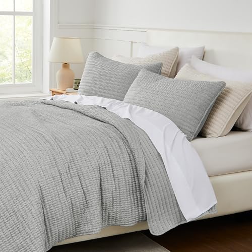 WDCOZY Grey Pick Stitch Twin Size Quilt Set, Striped Channel Lightweight Soft All Season Bedspread, Bamboo Linen Like Textured Coverlet, Farmhouse Country Rustic Bedding, Thin Comforter WDCOZY