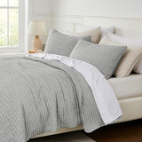 WDCOZY Grey Pick Stitch Twin Size Quilt Set, Striped Channel Lightweight Soft All Season Bedspread, Bamboo Linen Like Textured Coverlet, Farmhouse Country Rustic Bedding, Thin Comforter WDCOZY