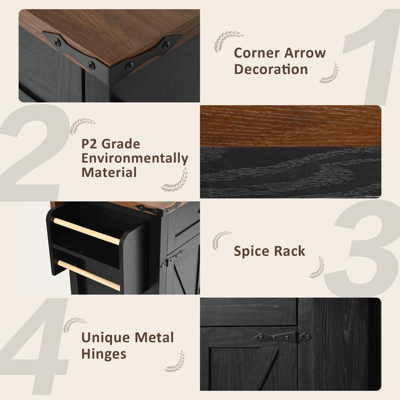 53.5''Farmhouse Kitchen Island with Power Outlet, Kitchen Storage Island with Drop Leaf, Spice Rack and Drawer, Rolling Kitchen Cart on Wheels, for Home, Kitchen and Dining Room, Black HomeGearTech