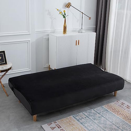 Stretch Futon Cover, Couch Cover for Futon, Armless Sofa Cover, Foldable Sofa Bed Slipcover Without Armrest, Universal Thick Sofa Slipcovers Furniture Protector for Kid, Pet(Velvet Black,Medium) SHEKAKO