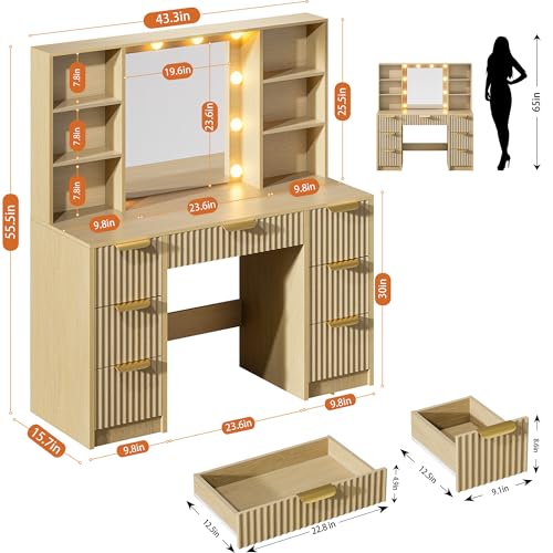 DDONGMM Fluted Vanity Desk with Mirror and 10 Adjustable LED Lights, Modern Makeup Desk with 7 Drawers & 6 Shelves, Dressing Table with Charging Station for Girls, Women, Bedroom, Natural Oak DDONGMM