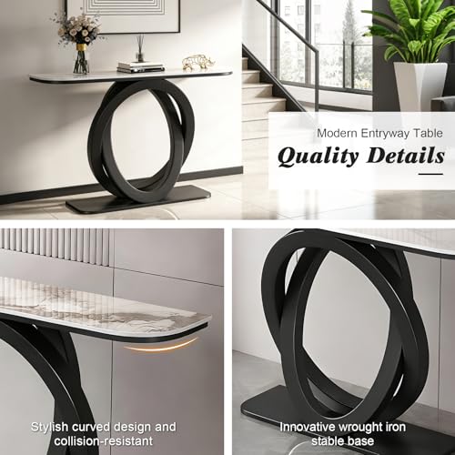 WOOOFA Marble Console Table, 39.4'' Modern Entryway Table with Sensor LED Light, Luxurious and Highly Decorative, Long Sofa Table for Living Room, Entrance, Hallway, White and Gold WOOOFA