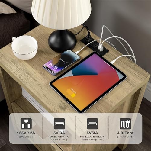 OAKHAM HOME Night Stand Set of 2, Fluted Nightstand with Charging Station Bed Side Table End Table with Drawer Storage Mid Century Wood Night Stands for Bedroom Living Room (Sunwashed Ash Oak) OAKHAM HOME