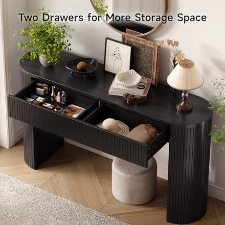 55 Inch Console Table with 2 Drawers, Fluted Entryway Tables with Storage, Sofa Table Behind The Couch, Hallway Tables, Mid-Century Modern Foyer Table for Entryway, Hallway, Living Room, Black ONBRILL