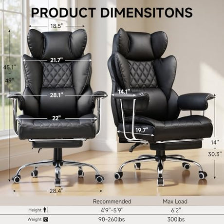 COMHOMA Big and Tall Office Chair, High Back Leather Gaming Chair with Footrest, Executive Ergonomic Office Chair with Pocket Spring Lumbar Support and with Outward Fixed Soft Armrests COMHOMA