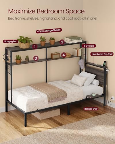 VASAGLE Twin Size Metal Bed Frame with Headboard, Multifunctional Storage, Built-in LED Lights, Charging Station, Bookshelf, Bedside Shelf, Space-Saving, No Box Spring Needed, Ash Brown URMB963K01 VASAGLE