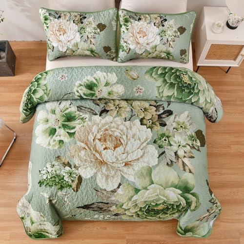 WONGS BEDDING Sage Green Floral Quilt Set King, 3 Pieces Elegant Flower Bedspread Coverlet for All Season Reversible Soft Microfiber Lightweight Quilt Bedding Set with 2 Pillow Shams 104"X90" WONGS BEDDING