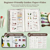 NBNQ Embroidery Stitch Book Kit for Beginners with Portable 10.65"x8.27" Loose-Leaf Cover, Includes 6 Fabric Pages, Complete Toolkit, Instructions and Videos.
