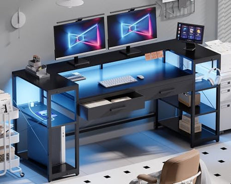 Pamray 58 Inch Computer Desk with Monitor Stand and Shelves Gaming Desk with LED Lights & Power Outlets PC Vanity Table with 2 Drawers for Home Office Black Pamray