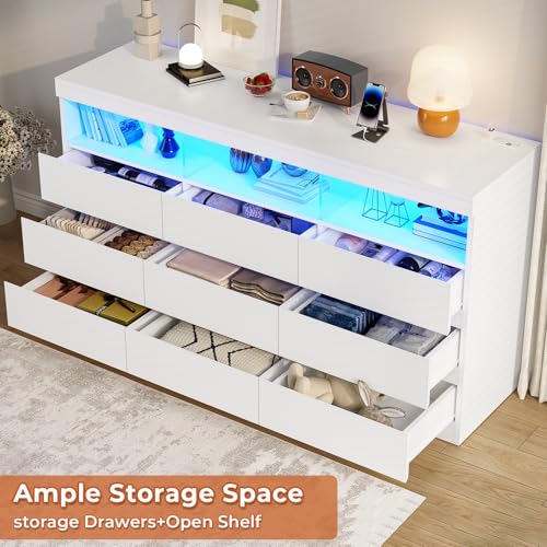 HAUOMS 9 Drawer Dresser for Bedroom with LED Lights, Large Chest of Drawers Handle Free, Modern White Long Dressers with Charging Station,for Living Room,Cloakroom,Entryway HAUOMS
