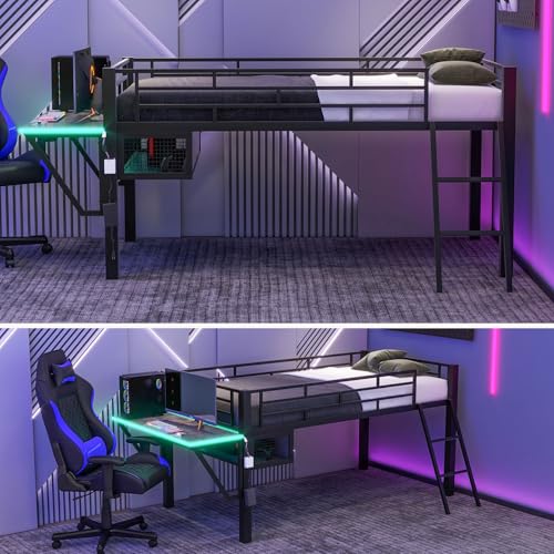 Klwenas Maec Metal Loft Bed Twin Size with Desk & LED Light,Gaming Loft Bed with Vented Mesh Undercarriage Storage & Staircase,Space Saving,Low Loft Bed Frame for Adults Teens Kids,Noise Free (Twin) Klwenas Maec