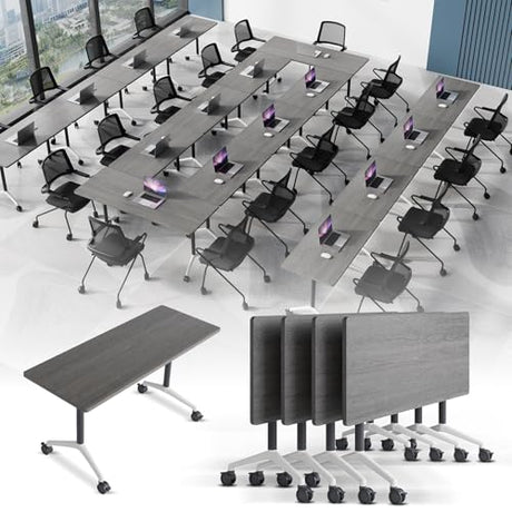 Modular Conference Table 4PCS, Folding Conference Room Tables on Wheels Grey 63in, Modern Rectangular Training Table for Office Meeting, Rolling Seminar Tables for 4-12 JNMDLAKO