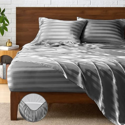 BEDELITE Satin Sheets Queen Size, Luxury Jacquard Striped Dark Grey Bedsheets with Elastic Corner Straps, Similar to Silk Sheets Set 4 PC with 1 Deep Pocket Fitted Sheet, 1 Flat Sheet, & 2 Pillowcases